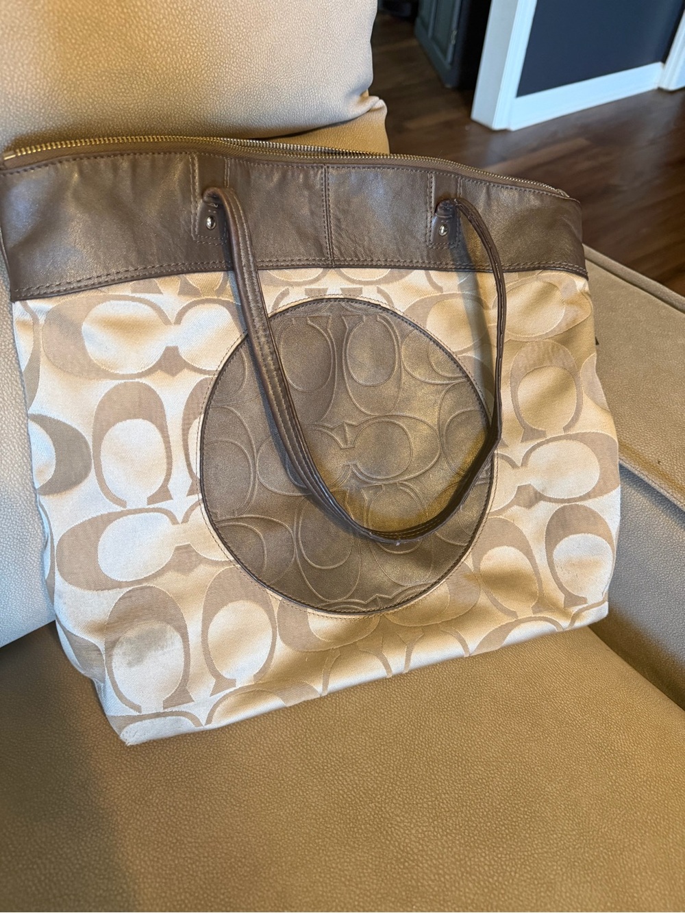 Coach Laura Canvas Shoulder Tote in Beige and Brown